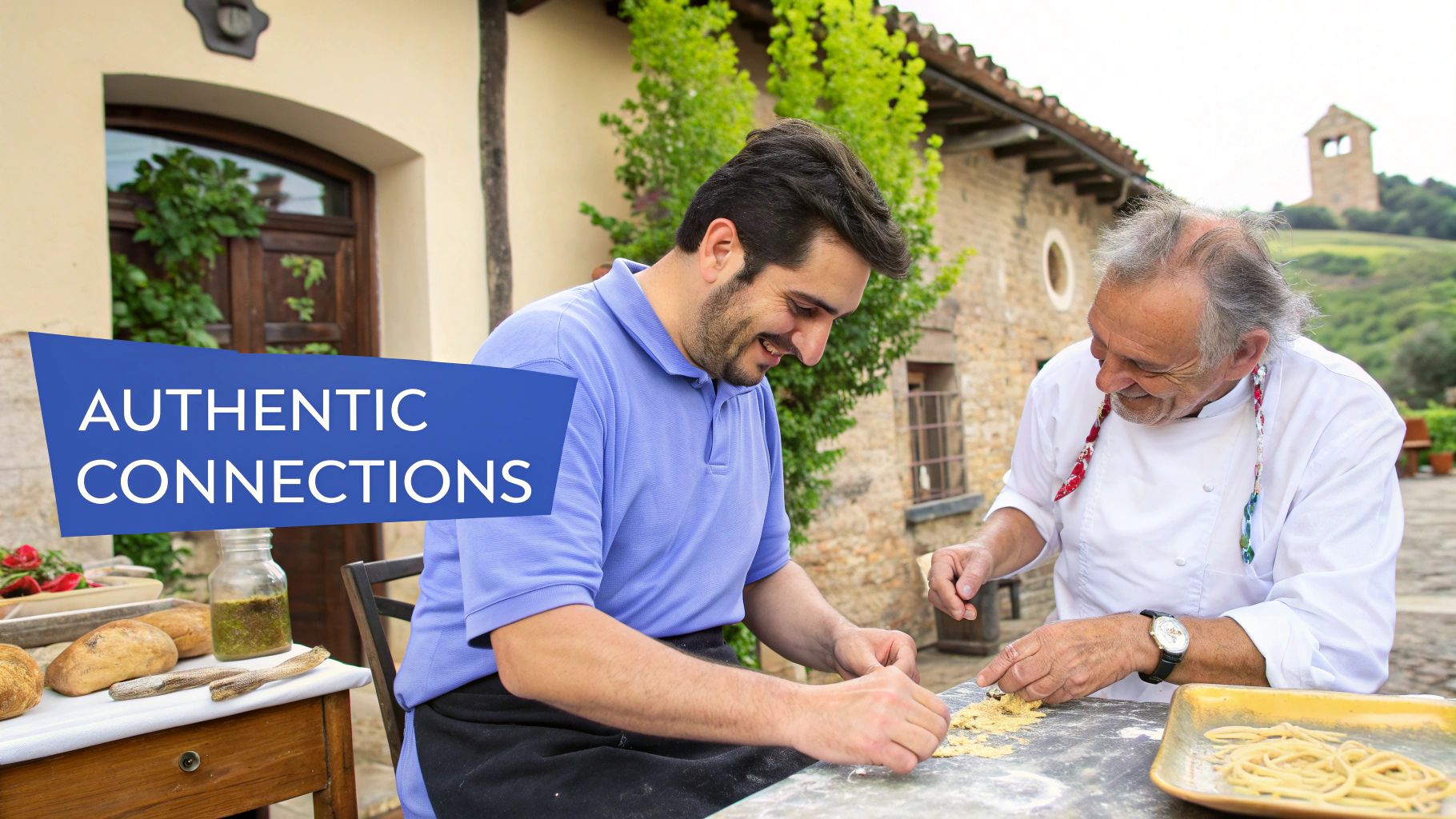 Young man and elderly chef making fresh pasta together outdoors at rustic Italian villa