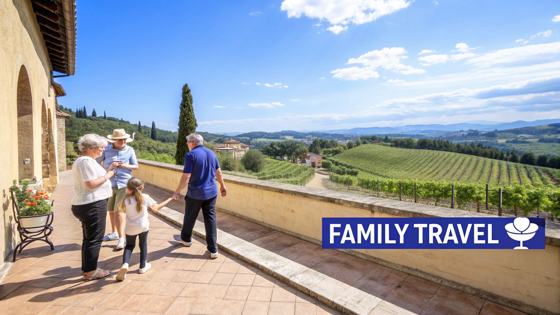 A multi-generational family on a scenic terrace overlooking lush green vineyards and distant hills under a blue sky.