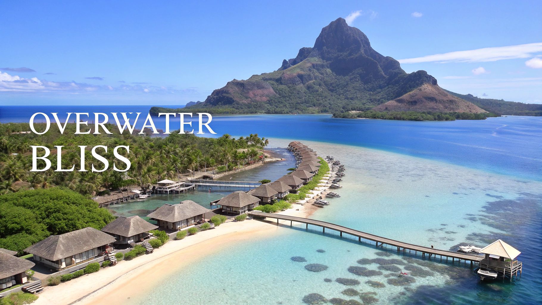Aerial view of a luxurious tropical overwater bungalow resort with clear blue lagoon, sandy beach, and a majestic mountain.