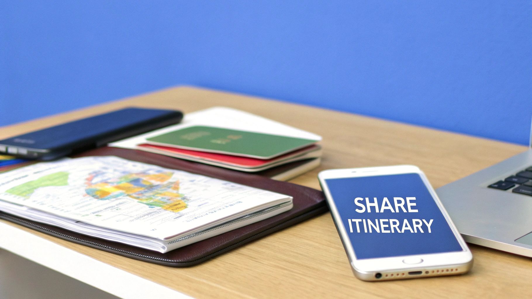 A person's hands holding a smartphone displaying a map, illustrating the concept of sharing a travel itinerary digitally.