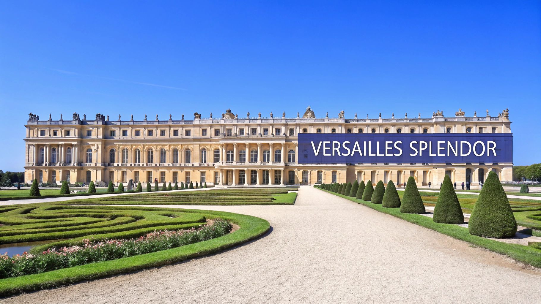Palace of Versailles with manicured gardens and cone-shaped topiaries under clear blue sky