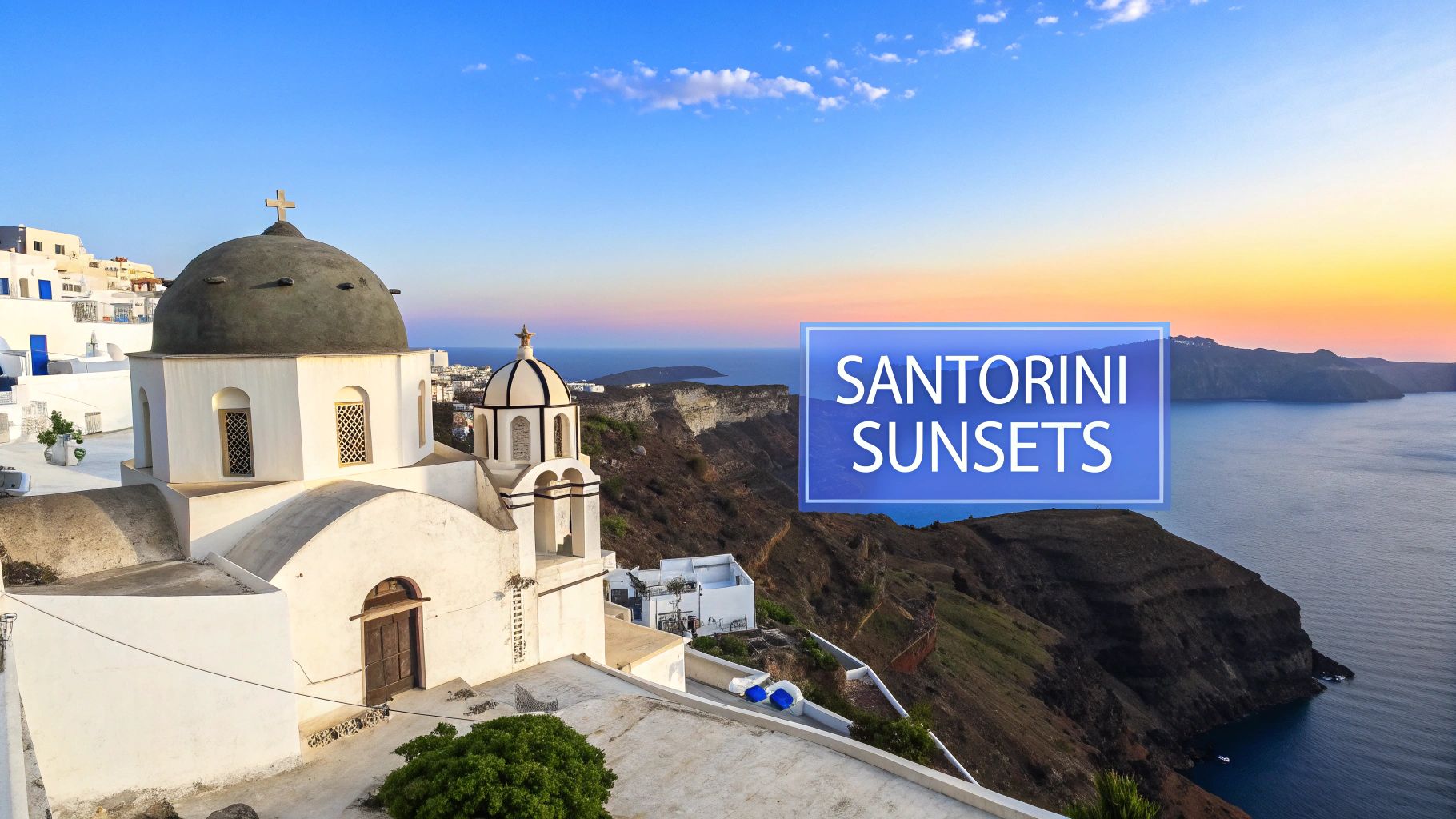 A picturesque sunset over Santorini, Greece, showcasing white buildings, a church, and the Aegean Sea caldera.