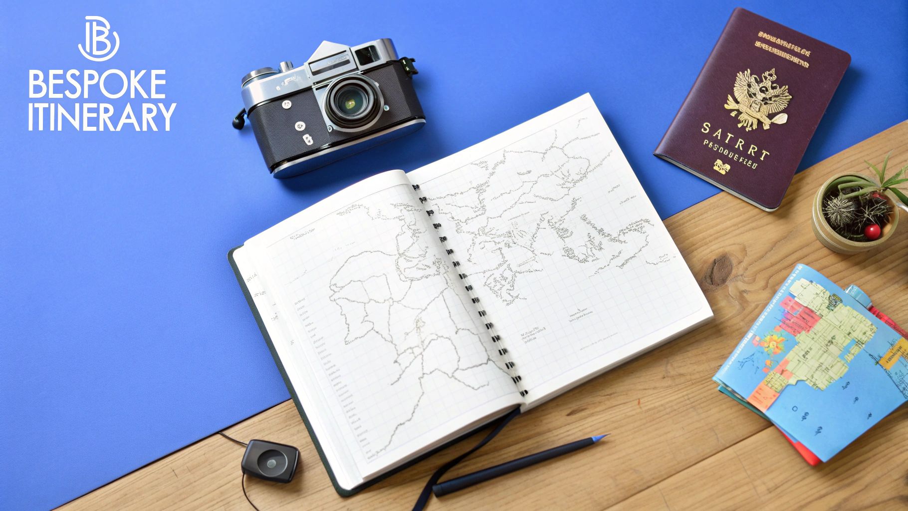 A travel-themed flat lay with a vintage camera, open map notebook, passport, and pen on a dual-tone background.
