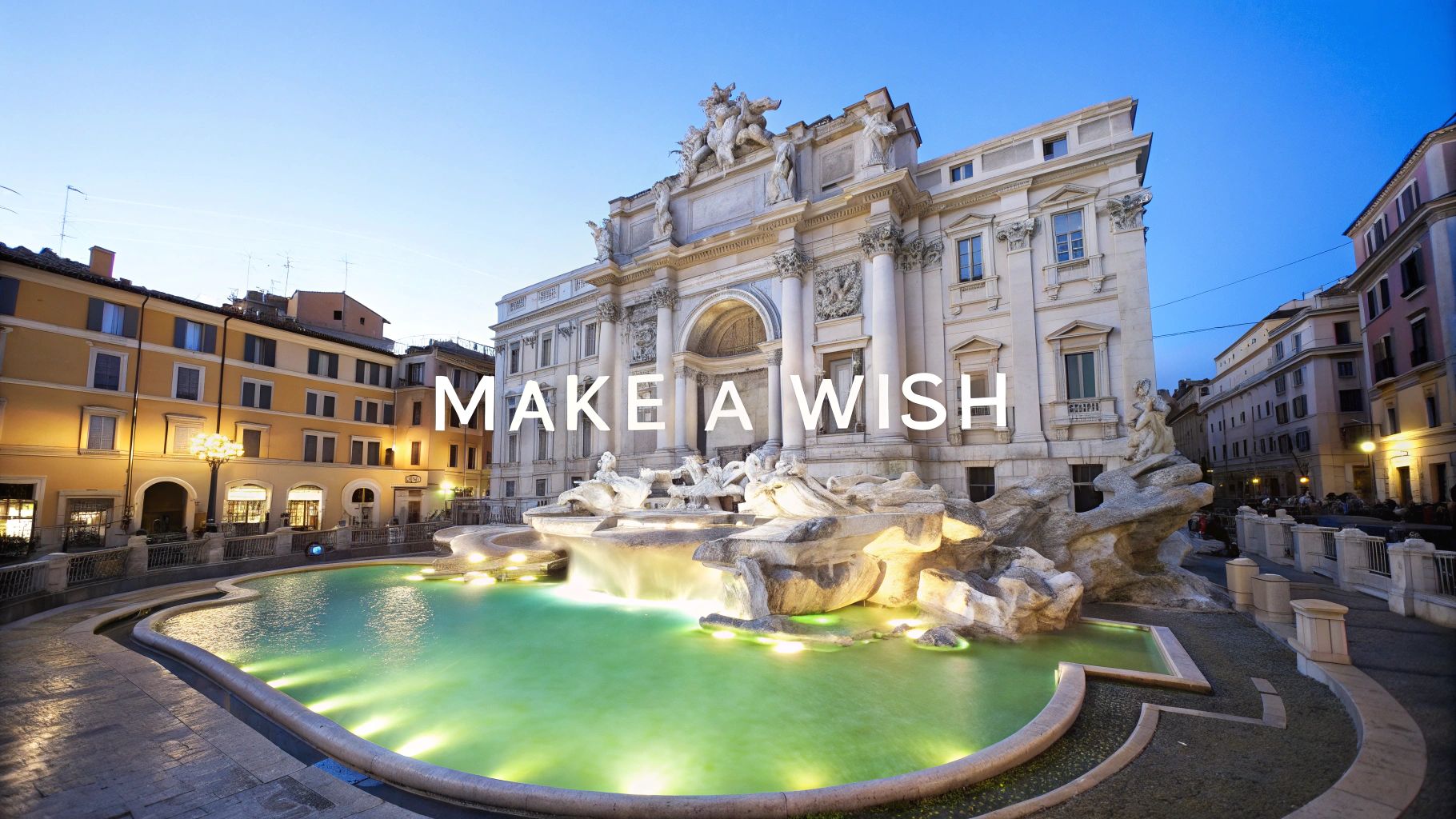 The iconic Trevi Fountain in Rome, beautifully lit at dusk, with the text 'MAKE A WISH' overlaid.
