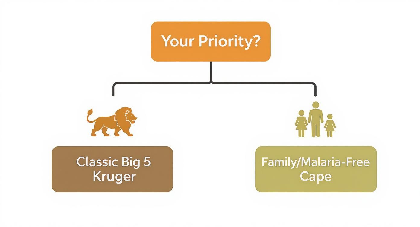 An infographic decision tree helping travelers choose a South Africa safari region based on their priorities, such as seeing the 'Big Five' or finding a malaria-free area.