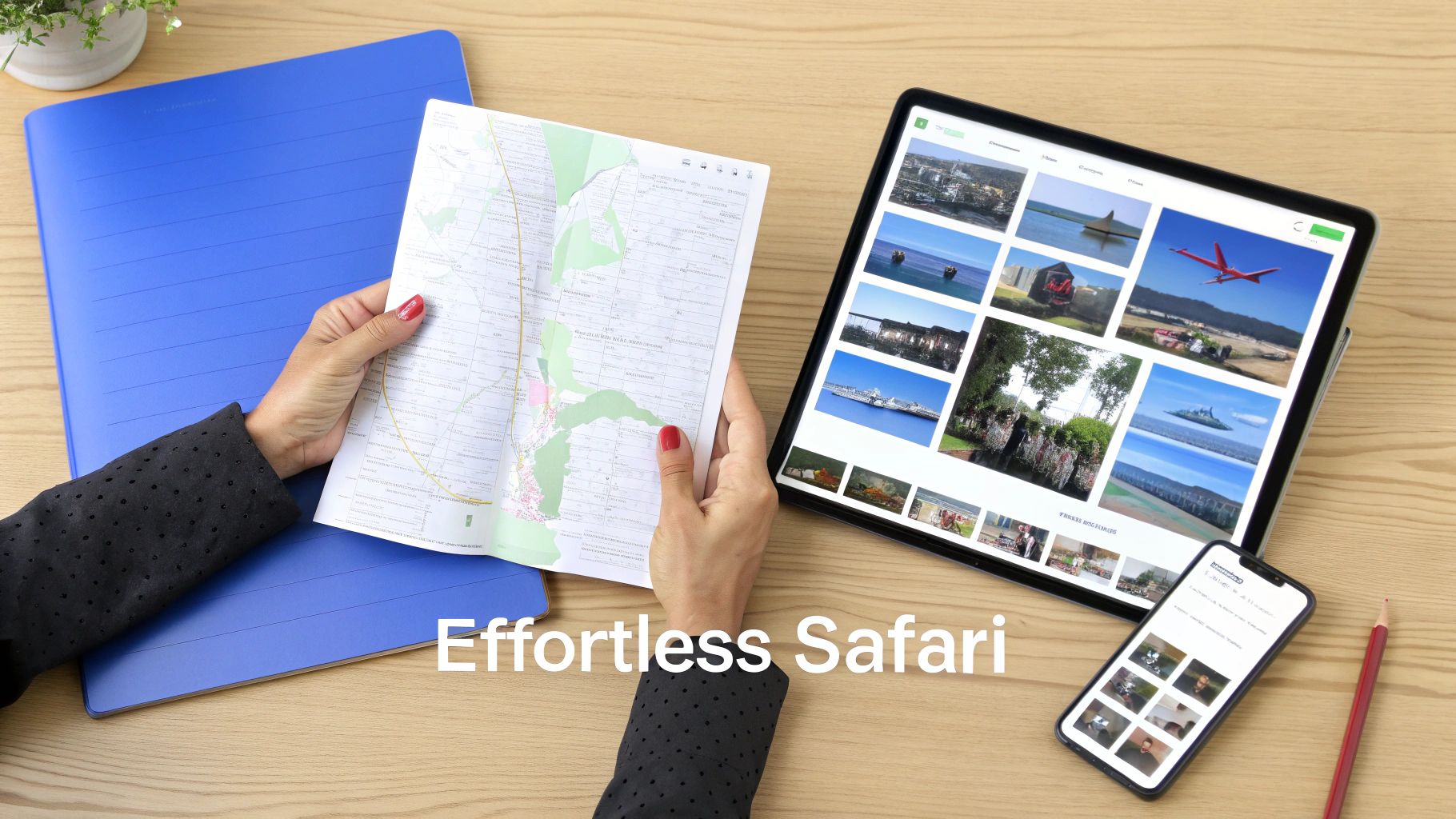 Overhead shot of hands holding a map, with a tablet and smartphone displaying diverse travel photos, suggesting trip planning.