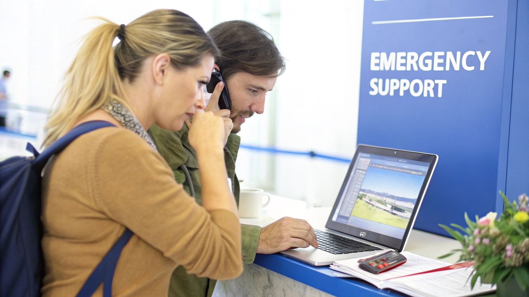 Two travelers at an 'EMERGENCY SUPPORT' desk, one on phone, the other using a laptop for assistance.