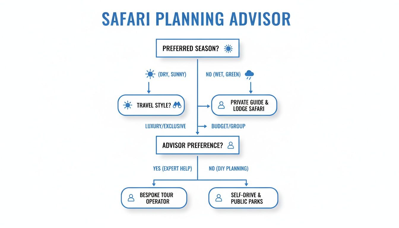 Detailed safari planning advisor flowchart guiding choices based on season, travel style, and expert help.