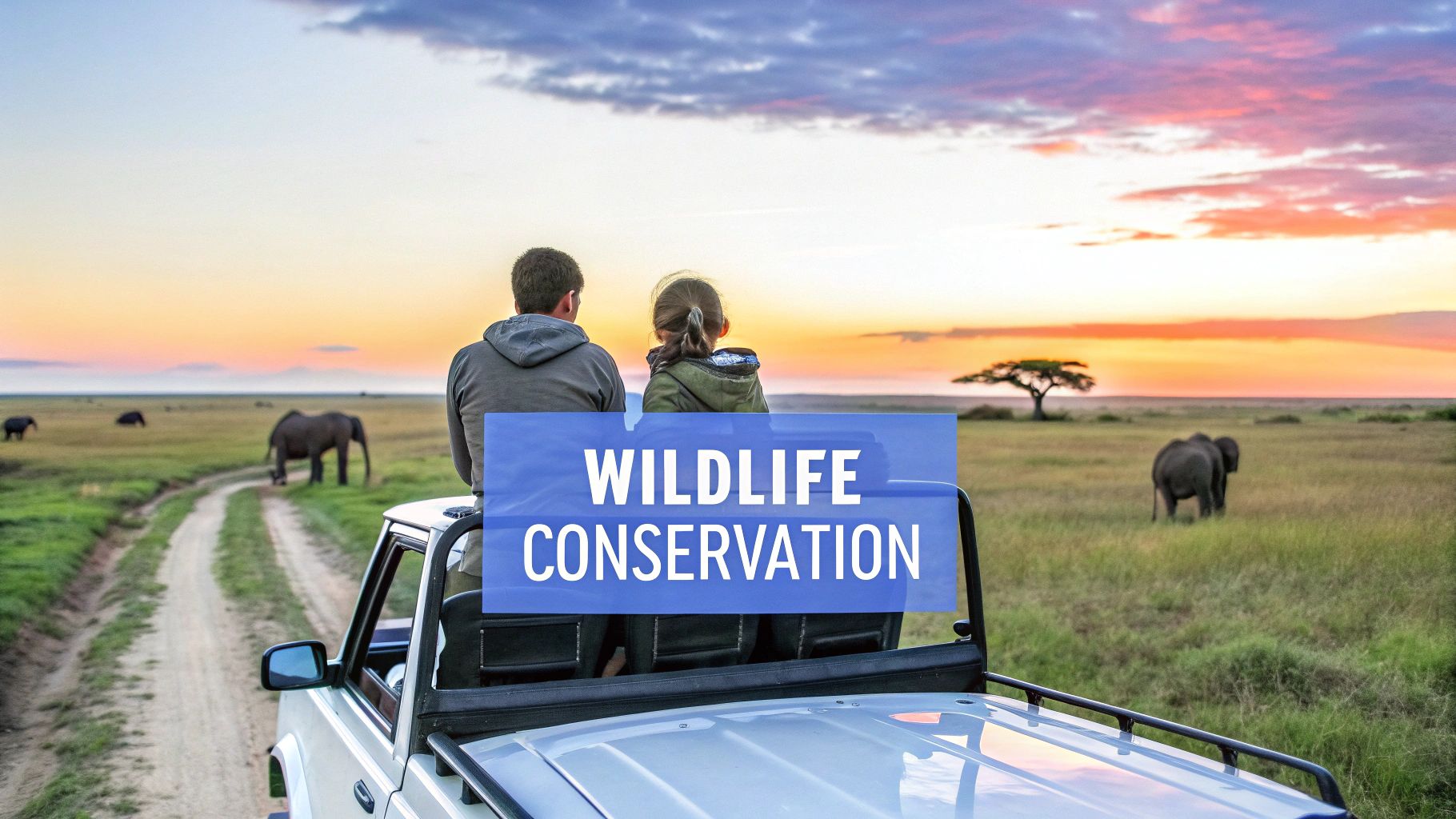 An adult and a child in a safari jeep watching elephants in a savanna at sunset with 'WILDLIFE CONSERVATION' text.