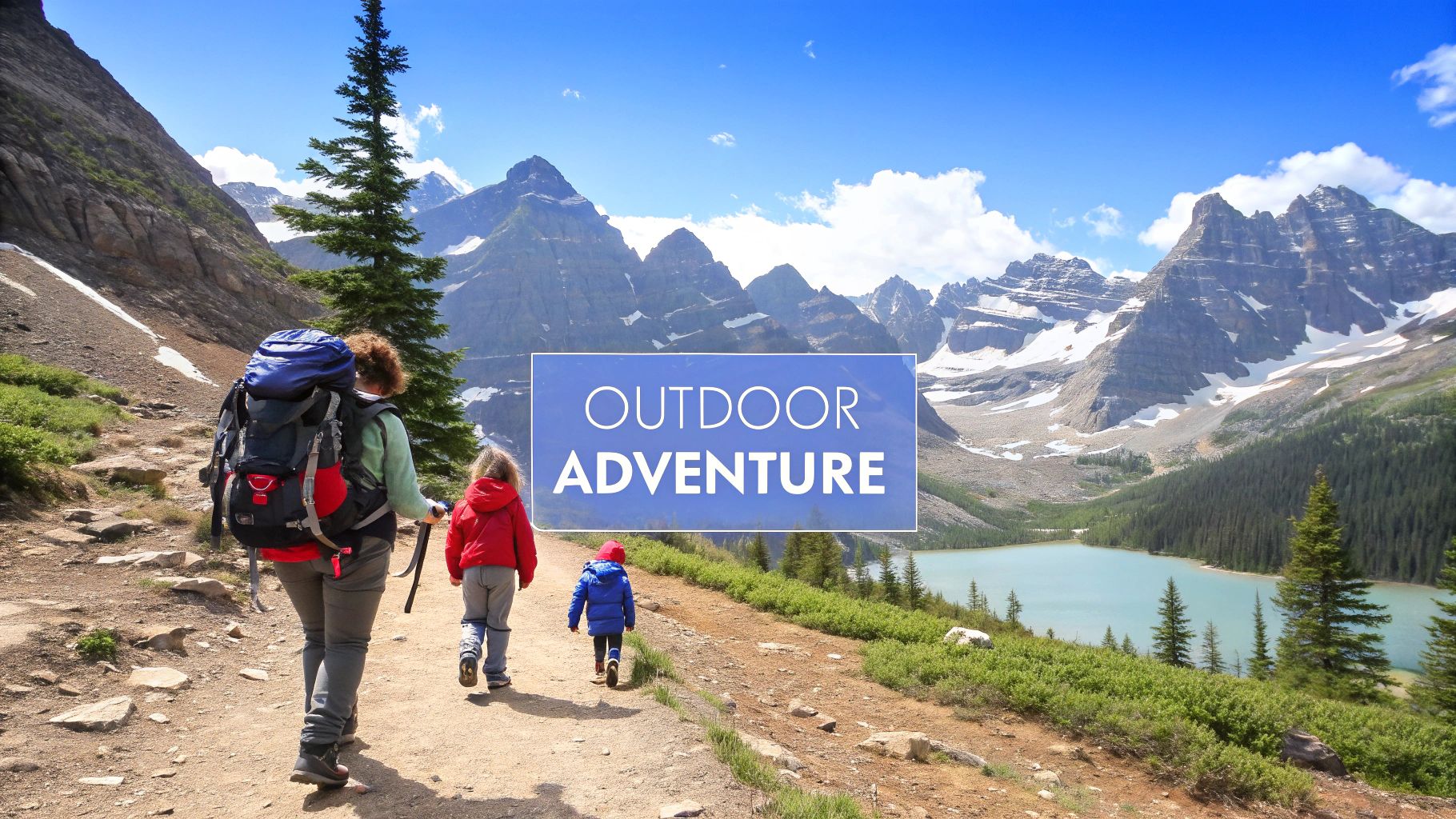 A family hikes on a mountain trail overlooking a turquoise lake and majestic snowy peaks, with a text overlay 'Outdoor Adventure'.