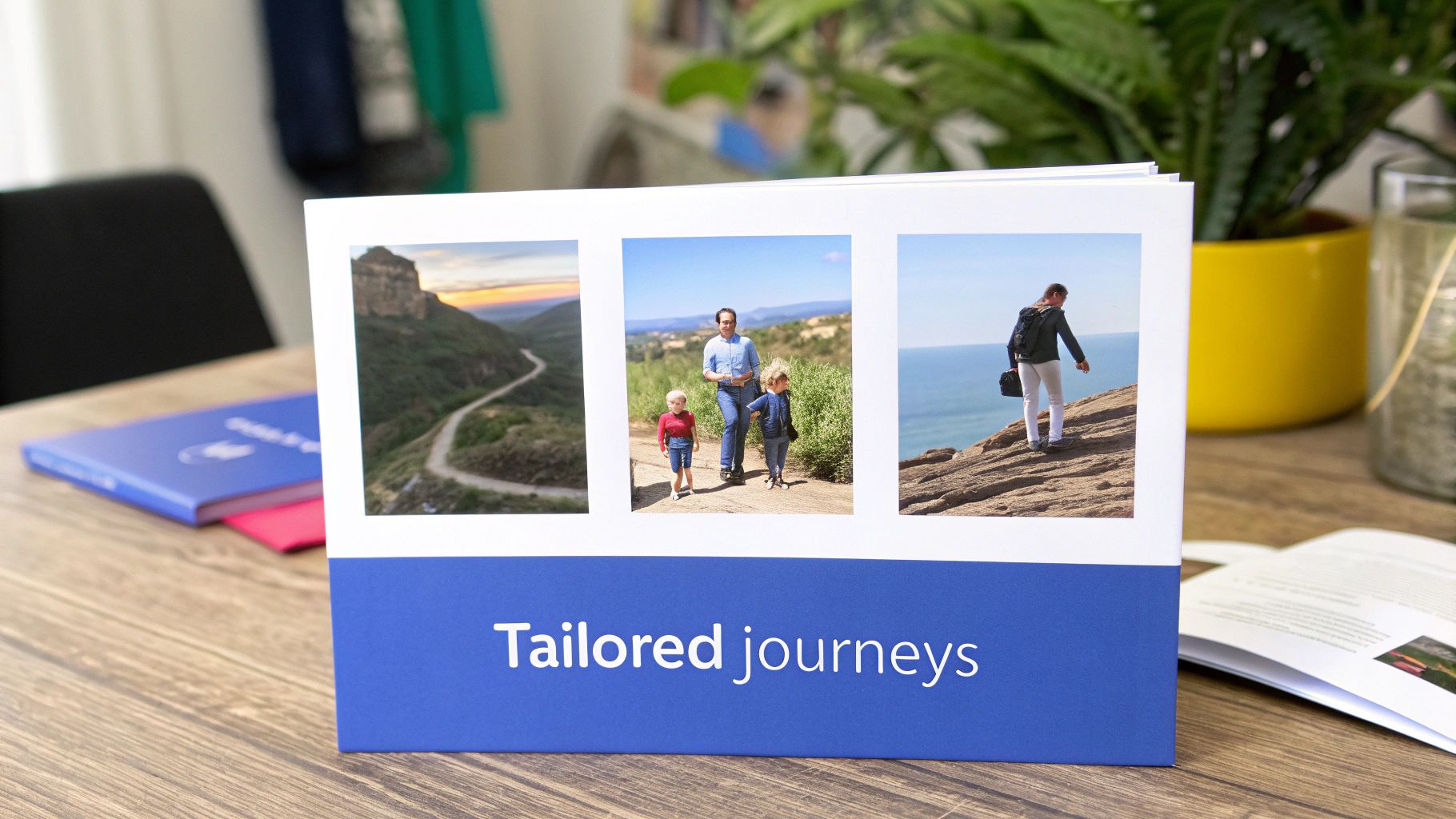 A travel agency brochure with three pictures of diverse journeys and "Tailored journeys" text.