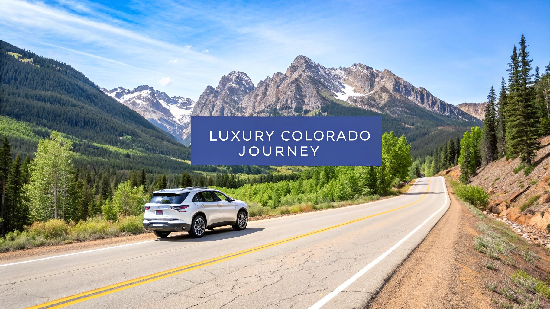 White SUV on a winding Colorado mountain road with snow-capped peaks and pine trees, featuring 'Luxury Colorado Journey' text.