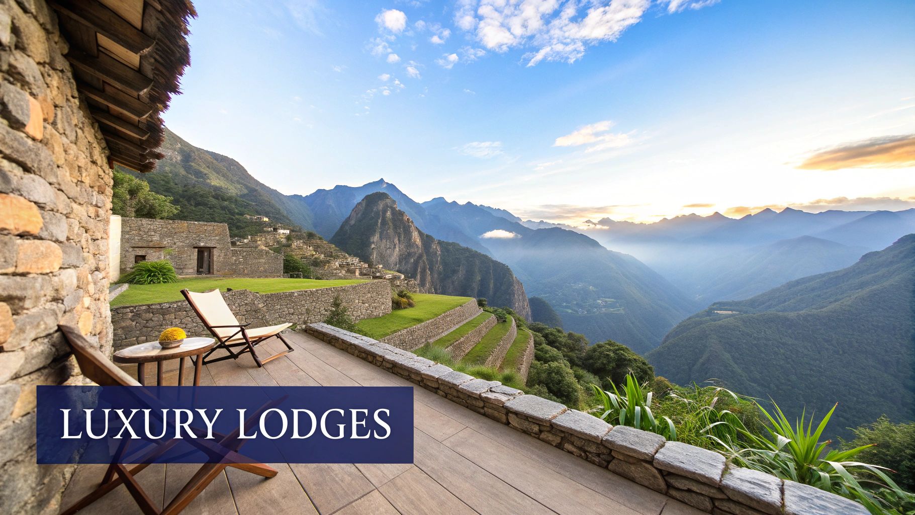 A luxury lodge patio with chairs offers panoramic views of ancient Incan ruins and misty mountains.
