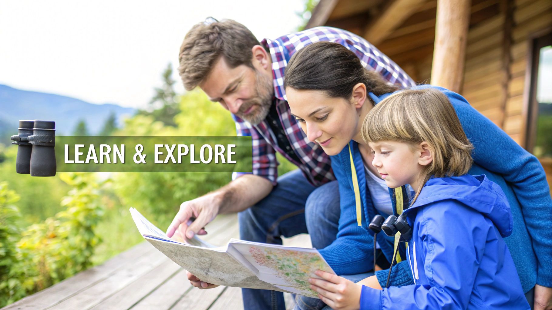 A family of three, including a child with binoculars, reads a map on a rustic porch outdoors, ready to explore.