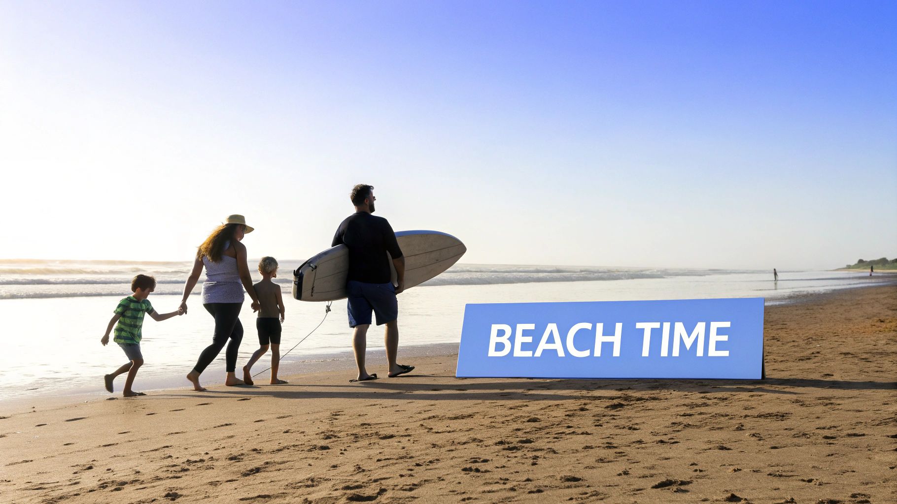 A family, including two children and an adult with a surfboard, walks along a sandy beach at sunset next to a "BEACH TIME" sign.