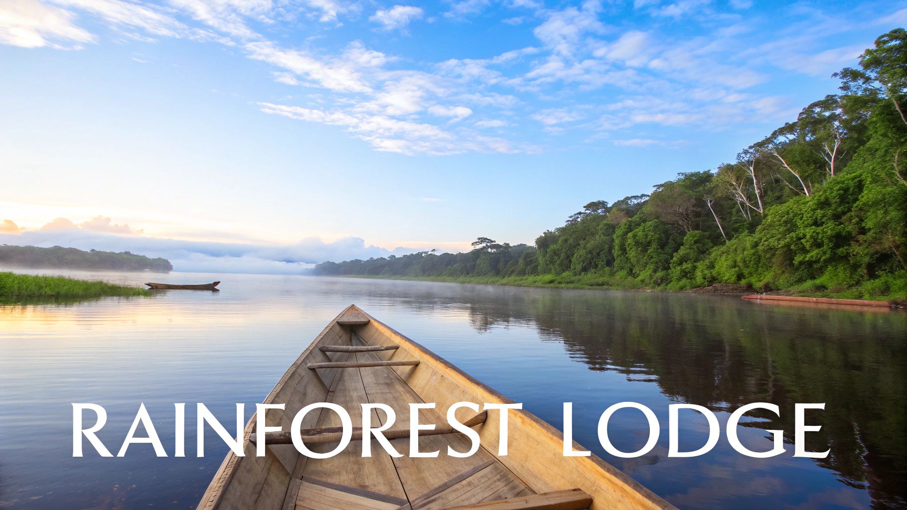A scenic view from a wooden canoe on a misty rainforest river at sunrise, with lush trees.
