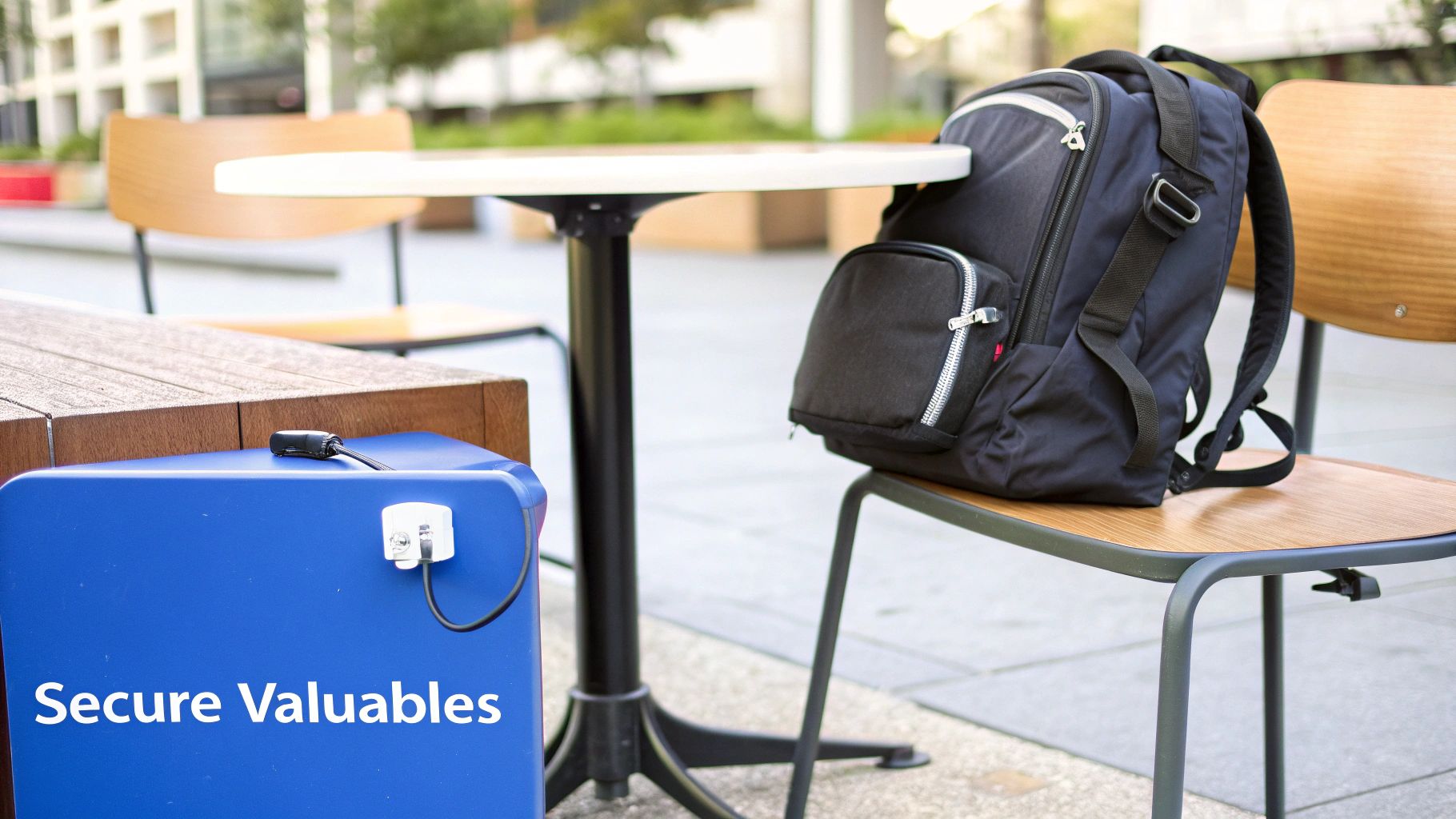 A person using an anti-theft travel bag with security features, demonstrating how to secure valuables.