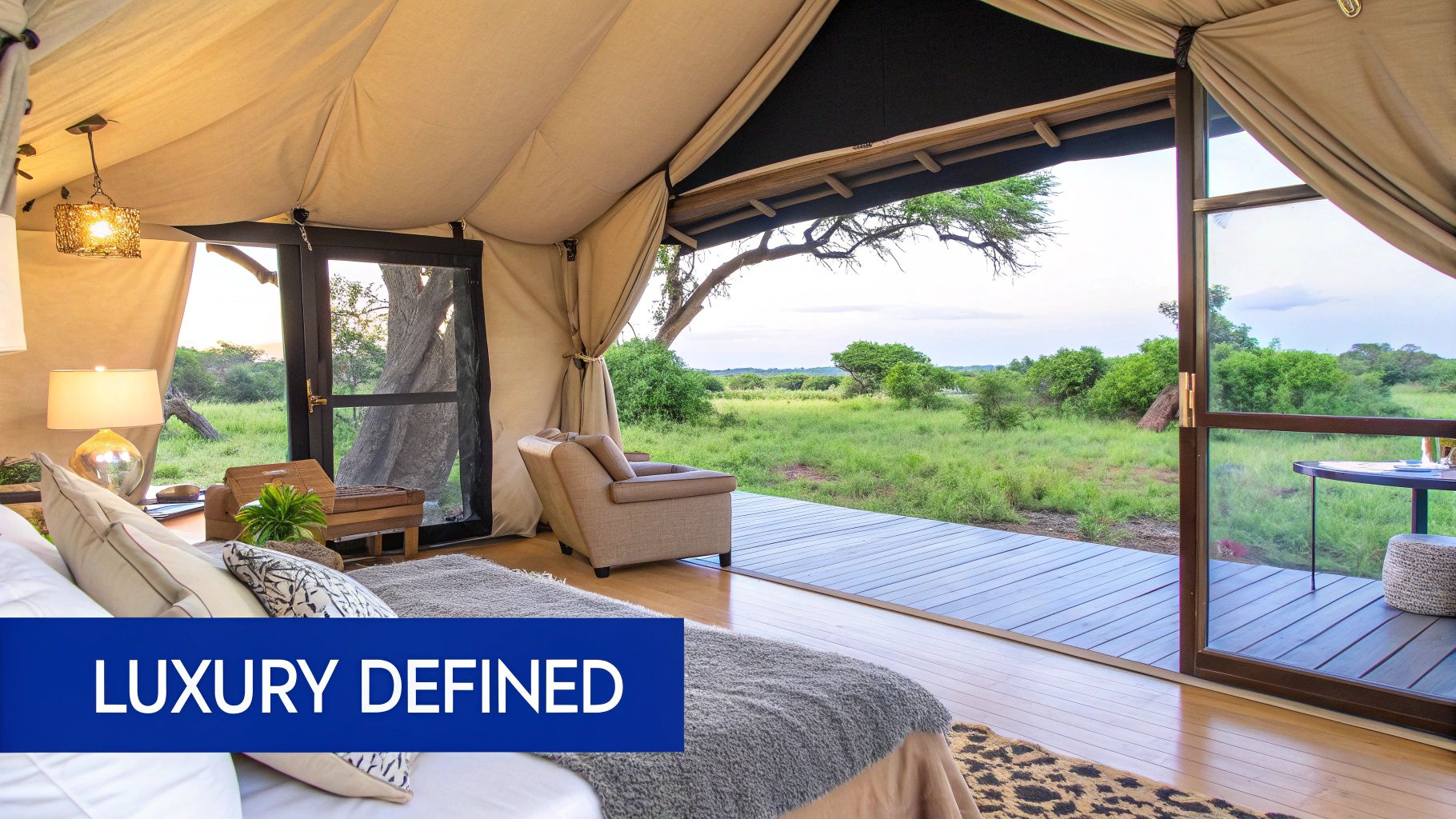 A luxurious safari tent interior with a large bed and elegant furnishings, looking out onto the African savanna.