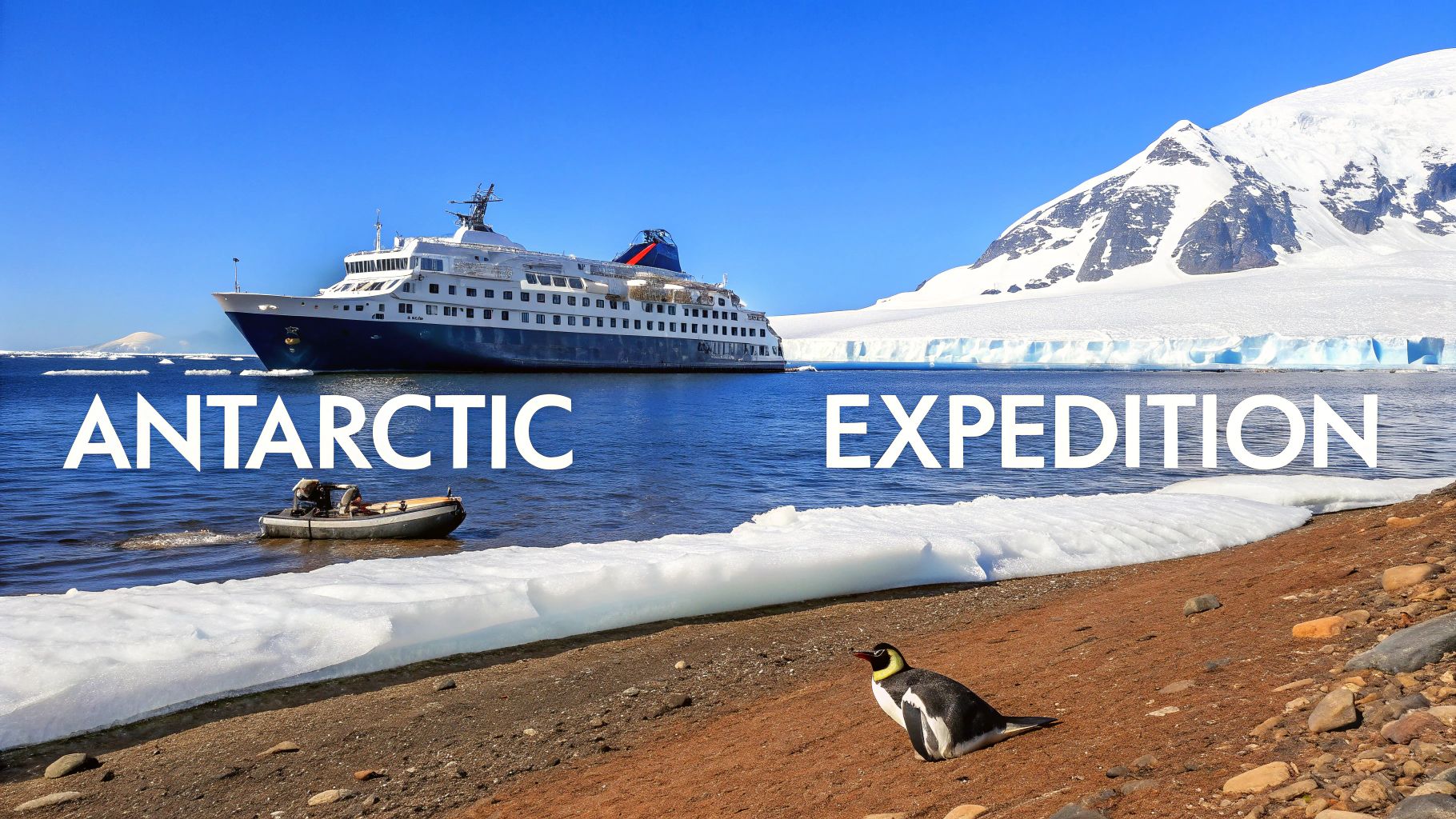 An Antarctic expedition scene with a cruise ship, a zodiac boat, a penguin, and snowy mountains.