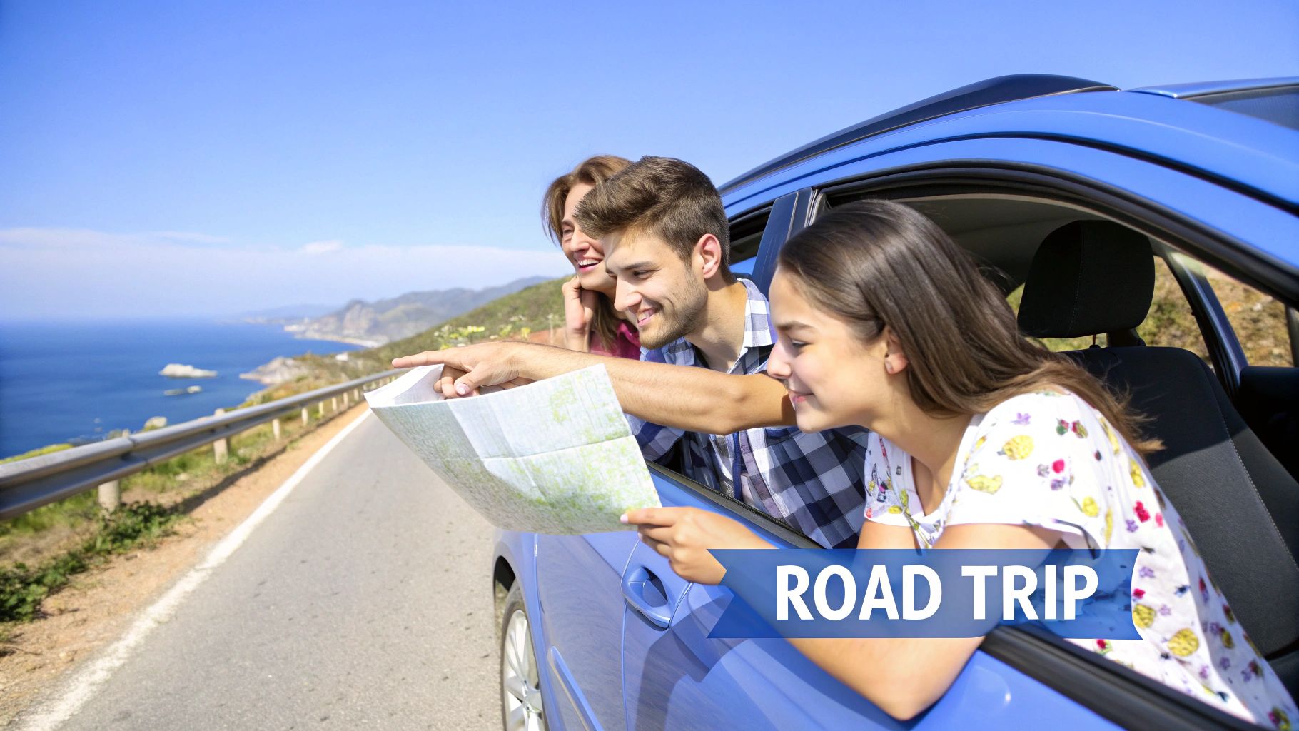 Happy young friends on a scenic coastal road trip, looking at a map and pointing.