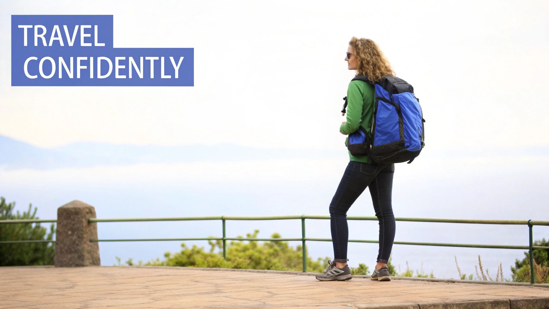 A woman with a backpack and sunglasses stands on an overlook, looking at a scenic view.
