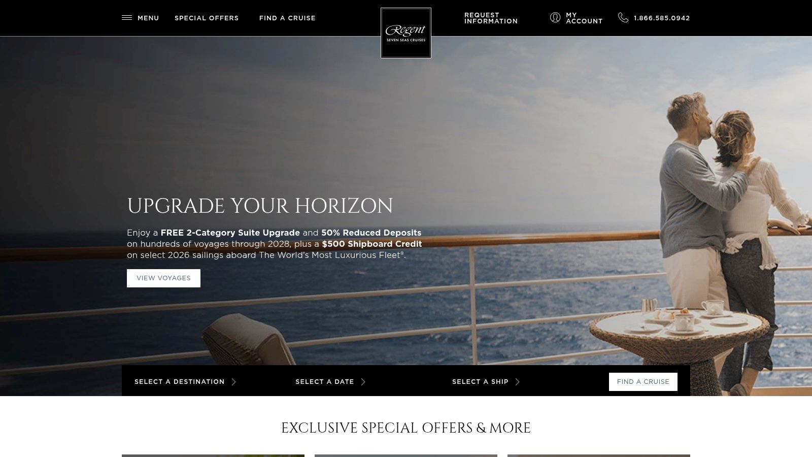 A couple enjoying the view from a Regent Seven Seas Cruises ship, highlighting the romantic experience.