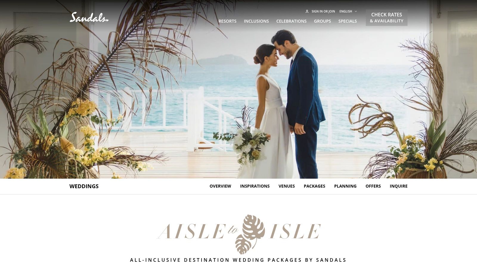 A bride and groom celebrating their wedding on a tropical beach at a Sandals resort.