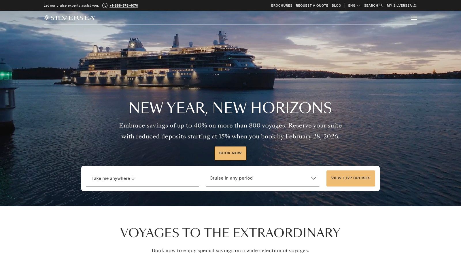 A Silversea ship sailing through a majestic fjord, representing luxury and adventure for couples.