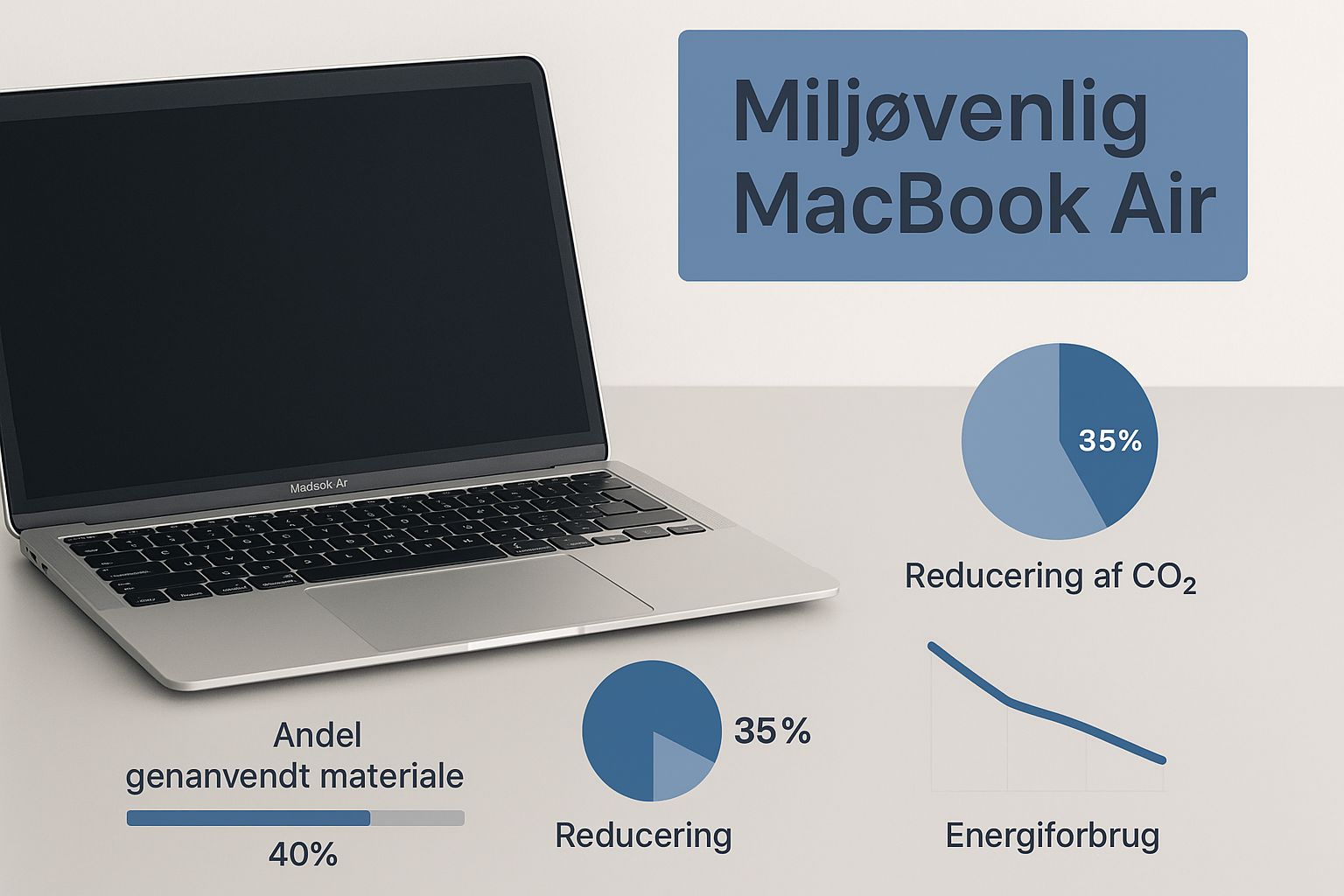 En brugt MacBook Air på et skrivebord med teksten 'Miljøvenlig MacBook Air'.