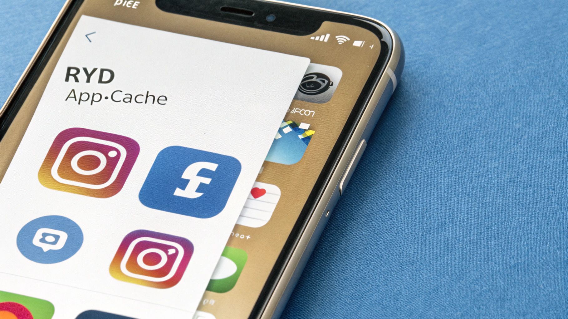 En iPhone-skærm, der viser ikoner for sociale medie-apps som Facebook og Instagram.
