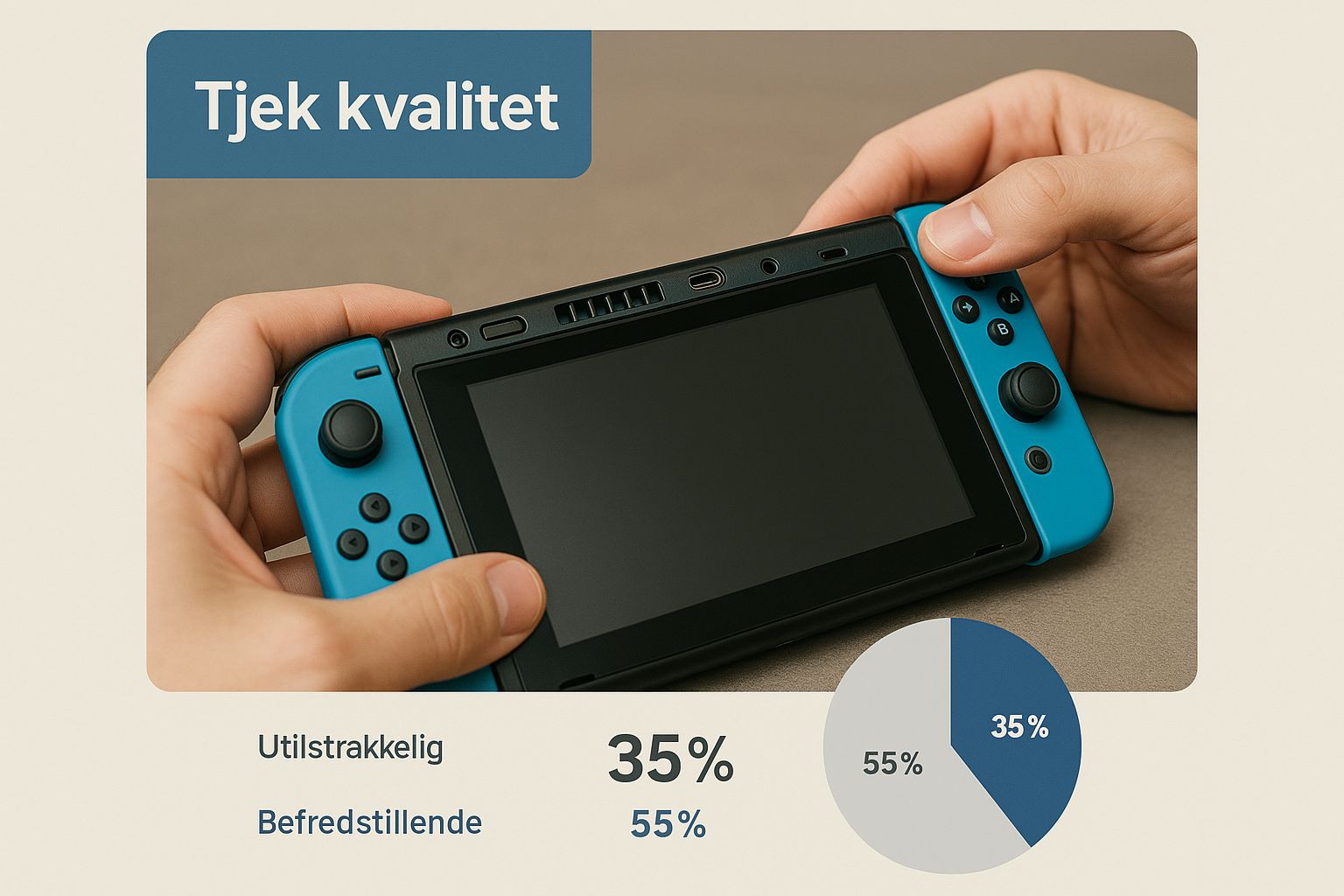En person inspicerer en Nintendo Switch konsols porte og skærm for at tjekke kvaliteten
