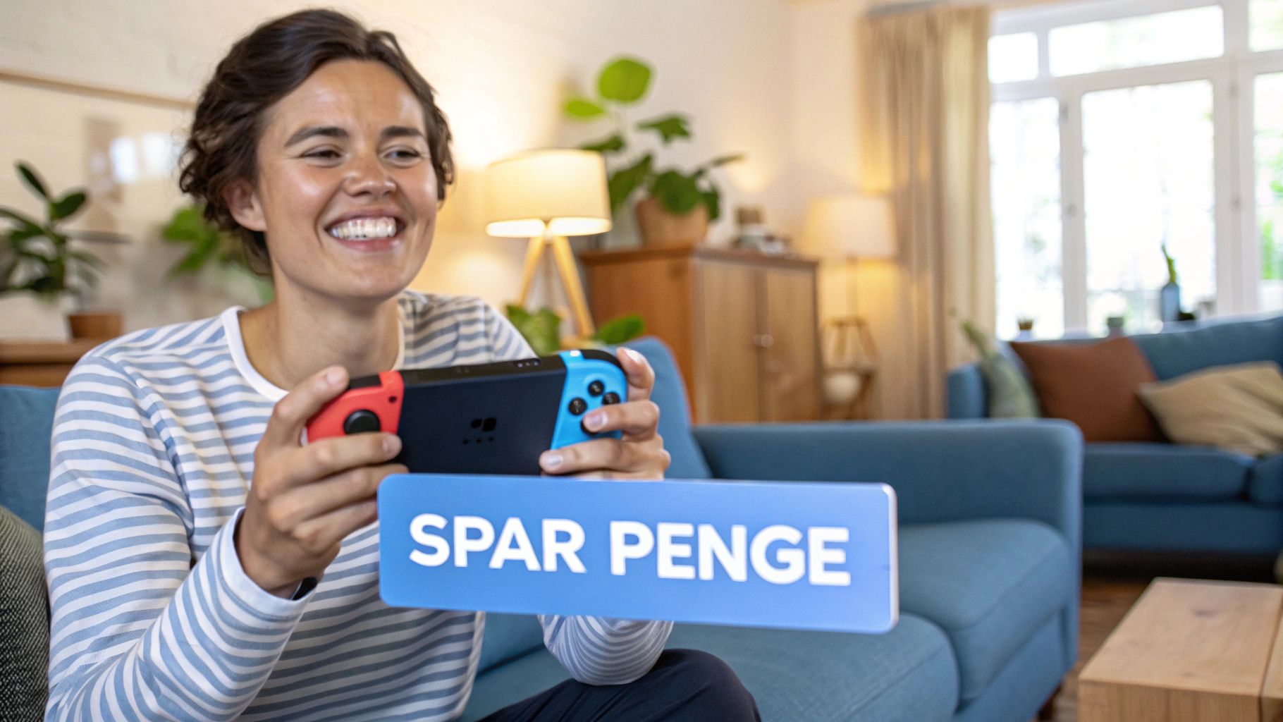 En person holder en Nintendo Switch-konsol med farverige Joy-Cons