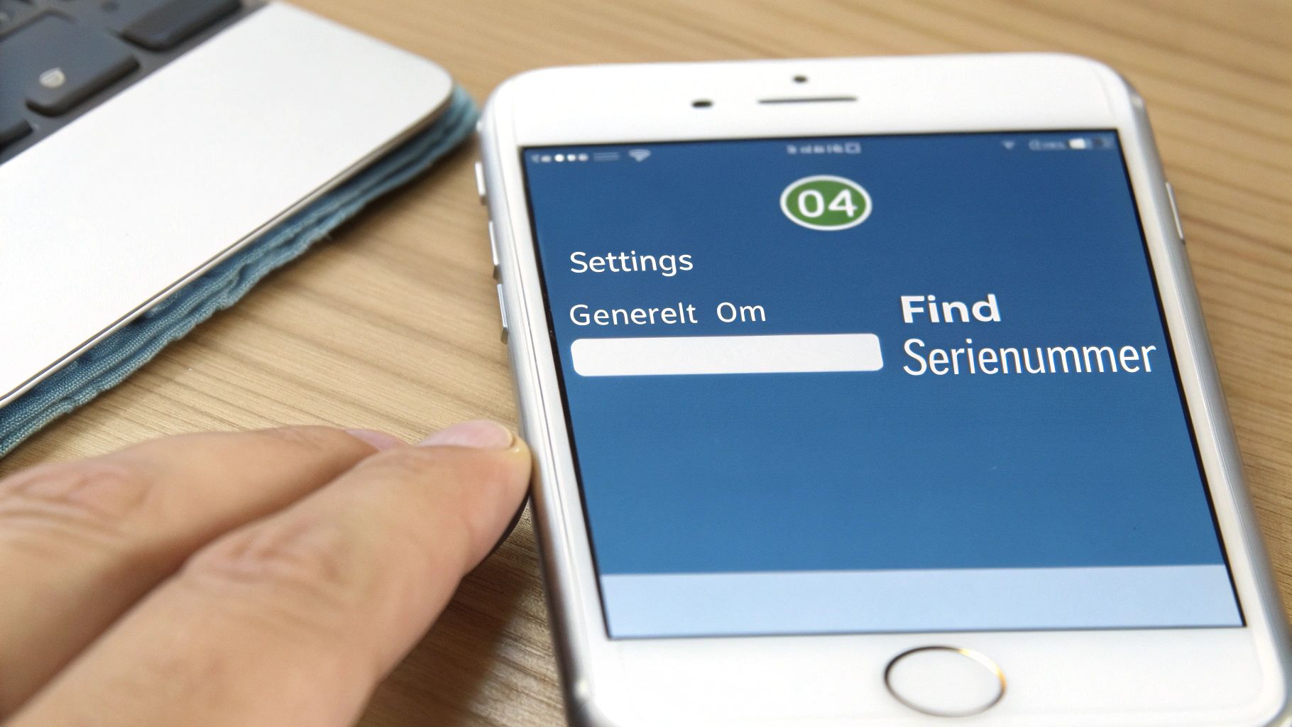 En person holder en iPhone og navigerer i Indstillinger for at finde serienummeret.