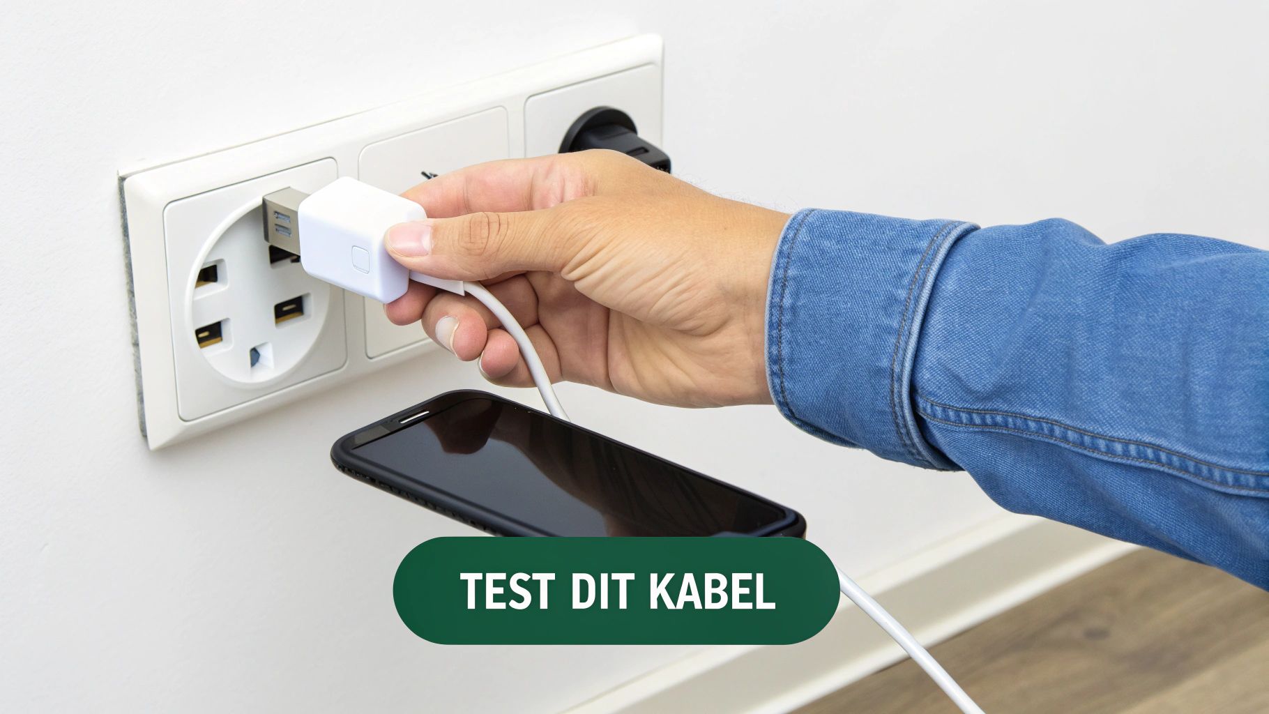 En person, der inspicerer et iPhone-opladningskabel for skader.