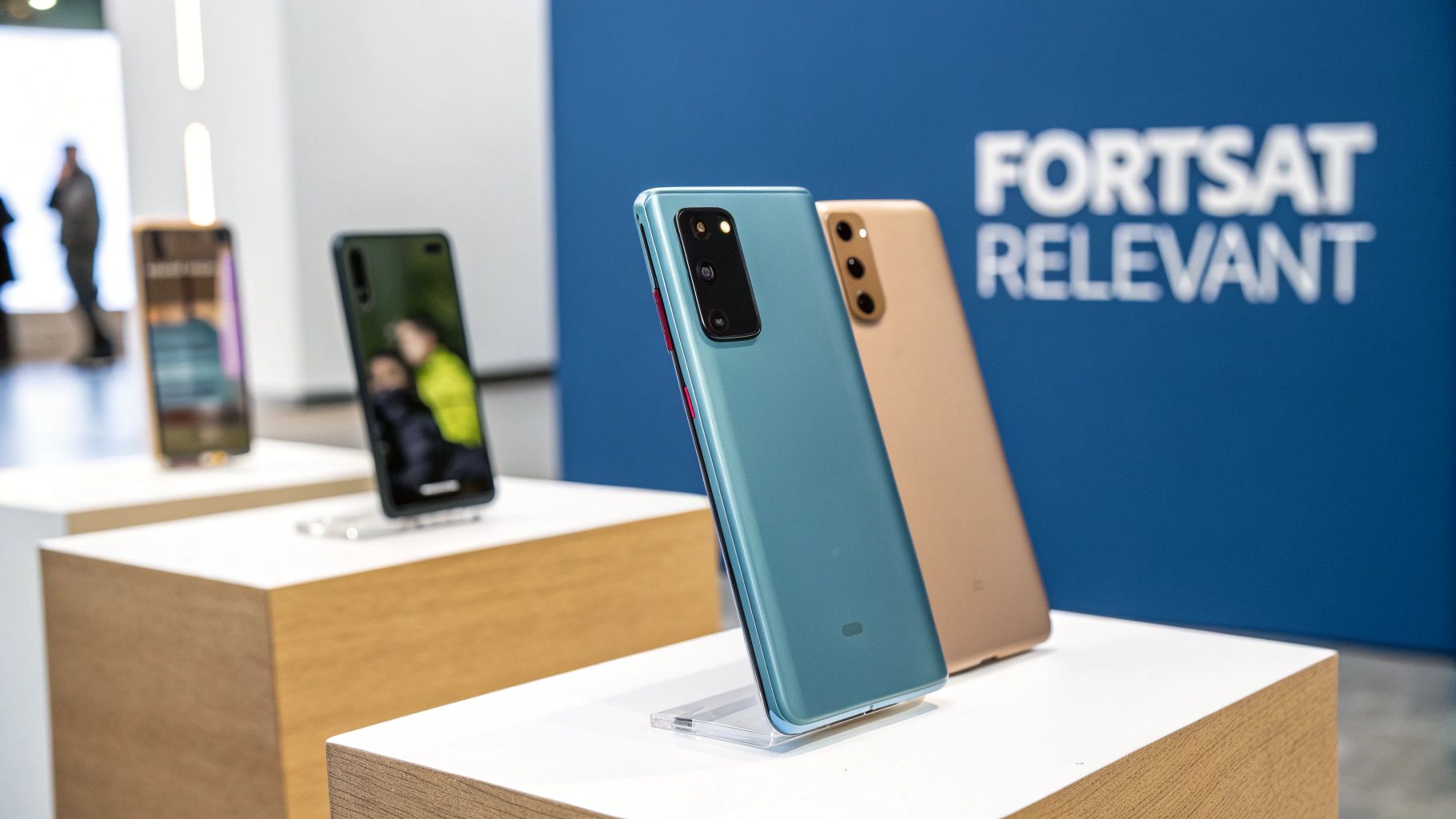 En person holder en Samsung Galaxy S20 FE smartphone med dens farverige skærm tændt, hvilket fremhæver dens levende displaykvalitet.