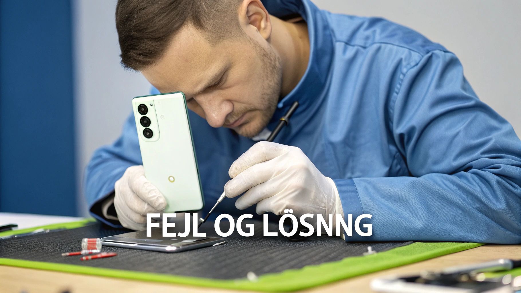 En tekniker er ved at reparere en Samsung Galaxy S20 FE, der ligger åbnet på et arbejdsbord omgivet af reparationsværktøj.
