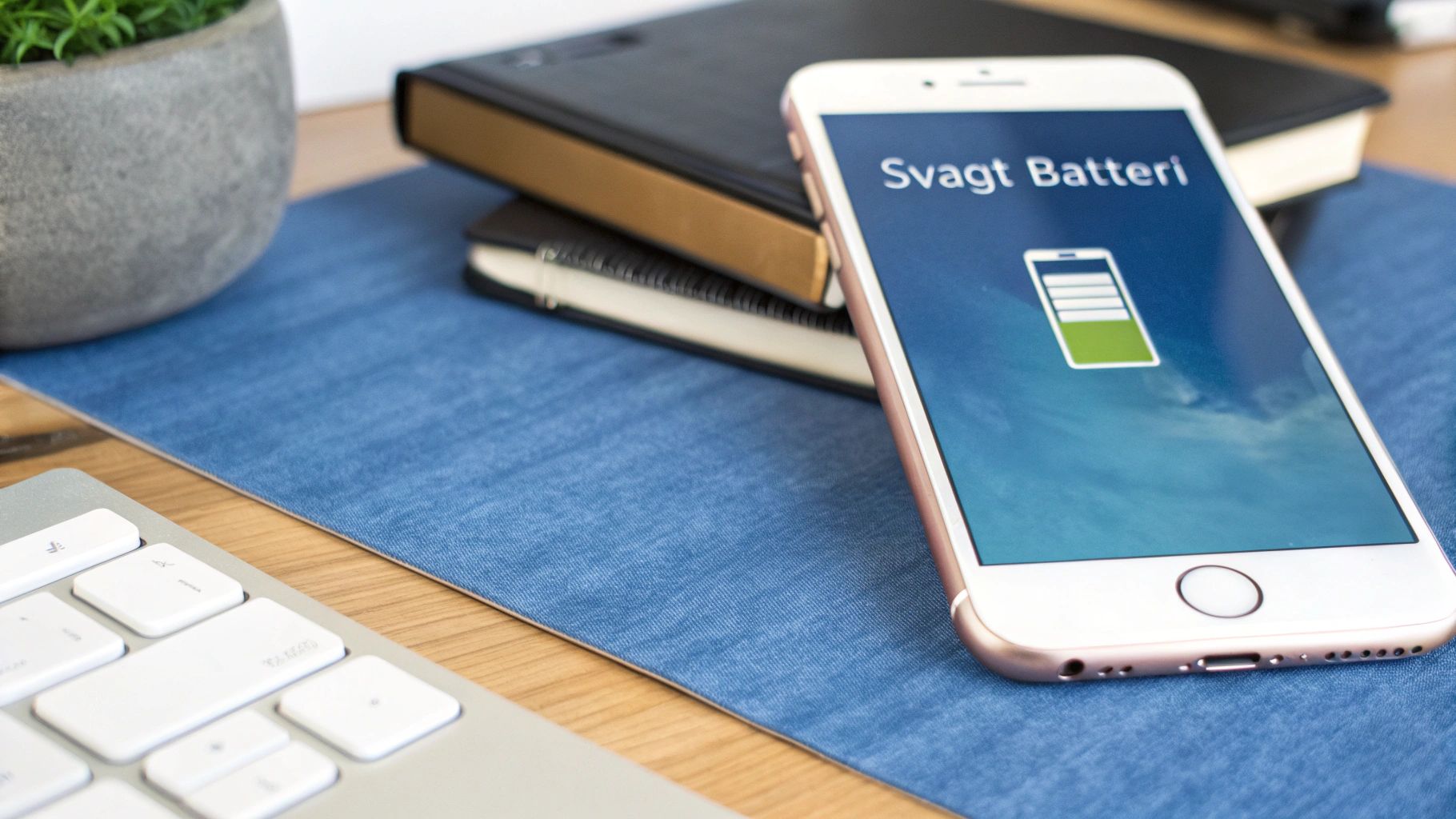 En iPhone, der viser batteristatus, med et advarselssymbol ved siden af.