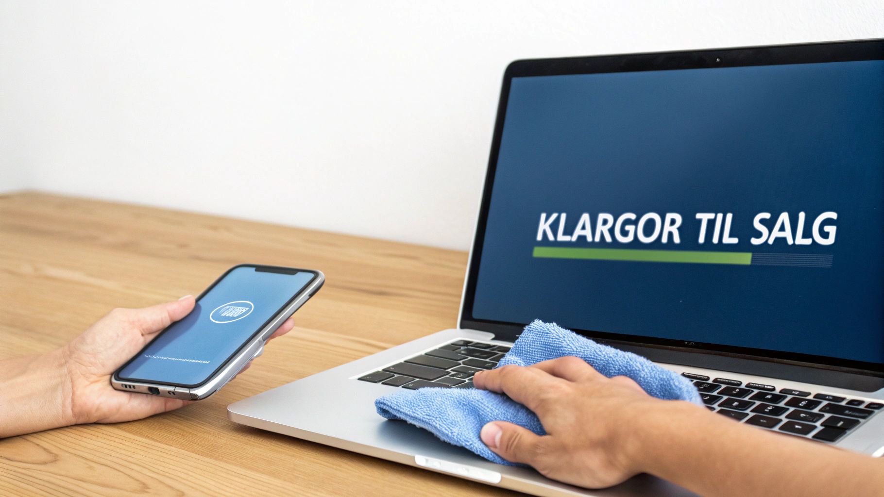 En person der rengør en smartphone-skærm med en mikrofiberklud