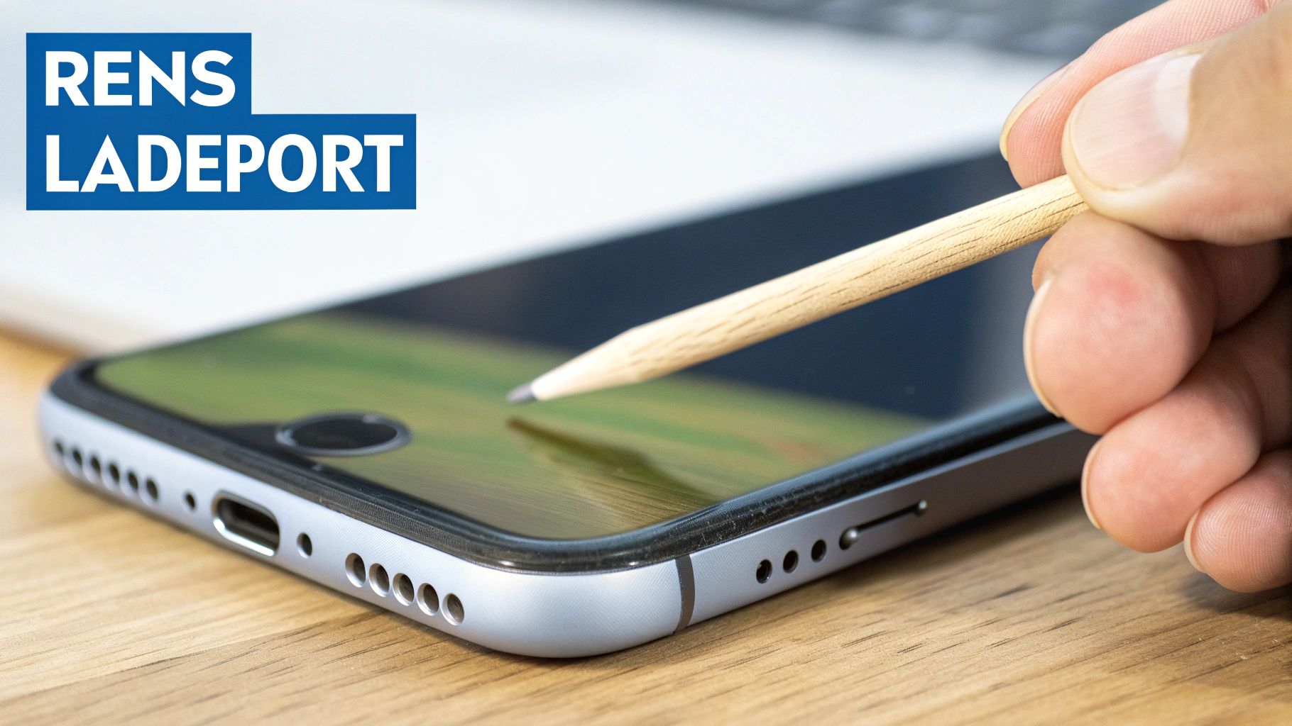 En person renser forsigtigt ladeporten på en iPhone med en tandstik.