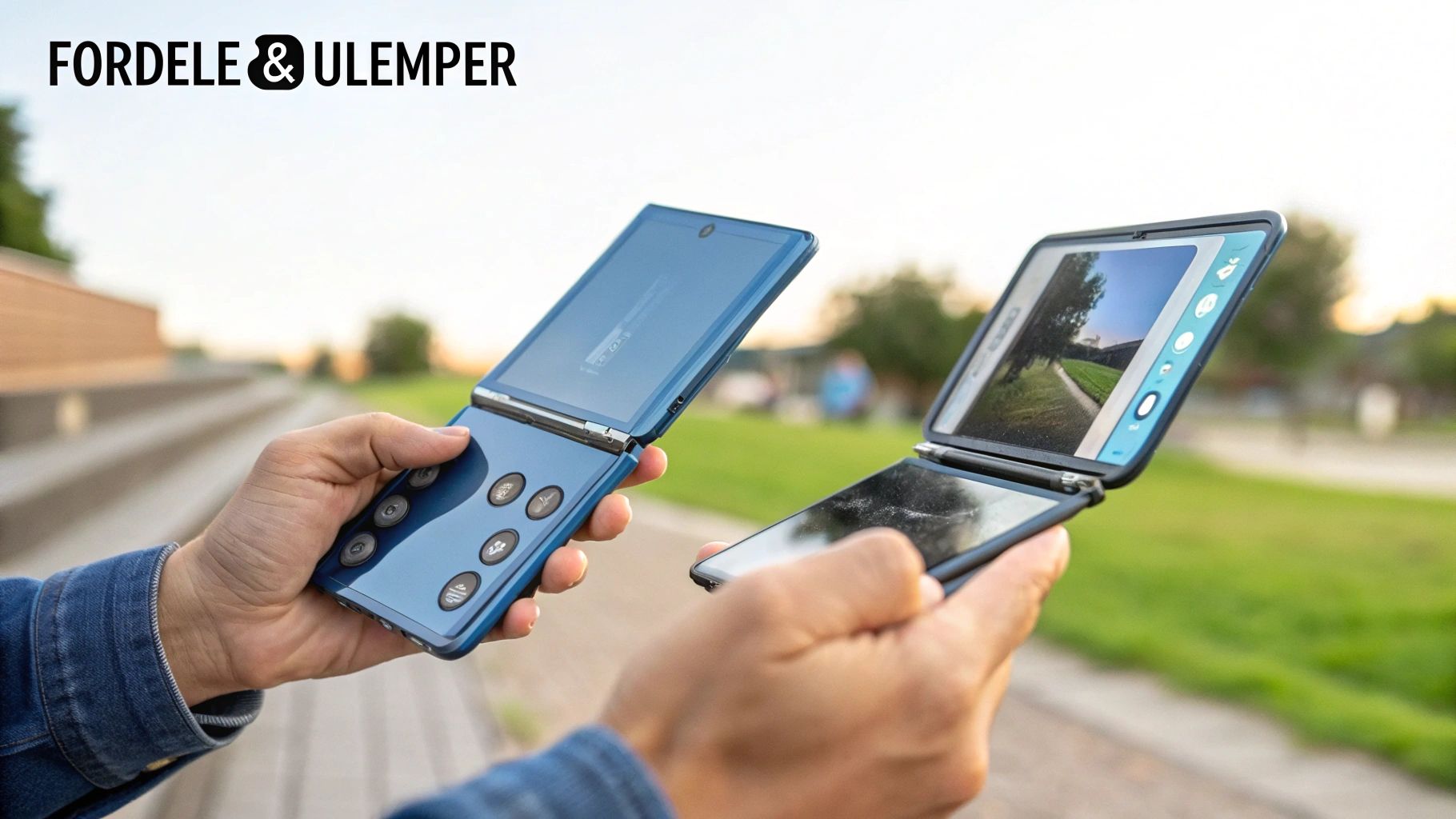 En person holder en let bøjet Samsung Flip 5 i hånden, med skærmen tændt og viser en farverig brugerflade.