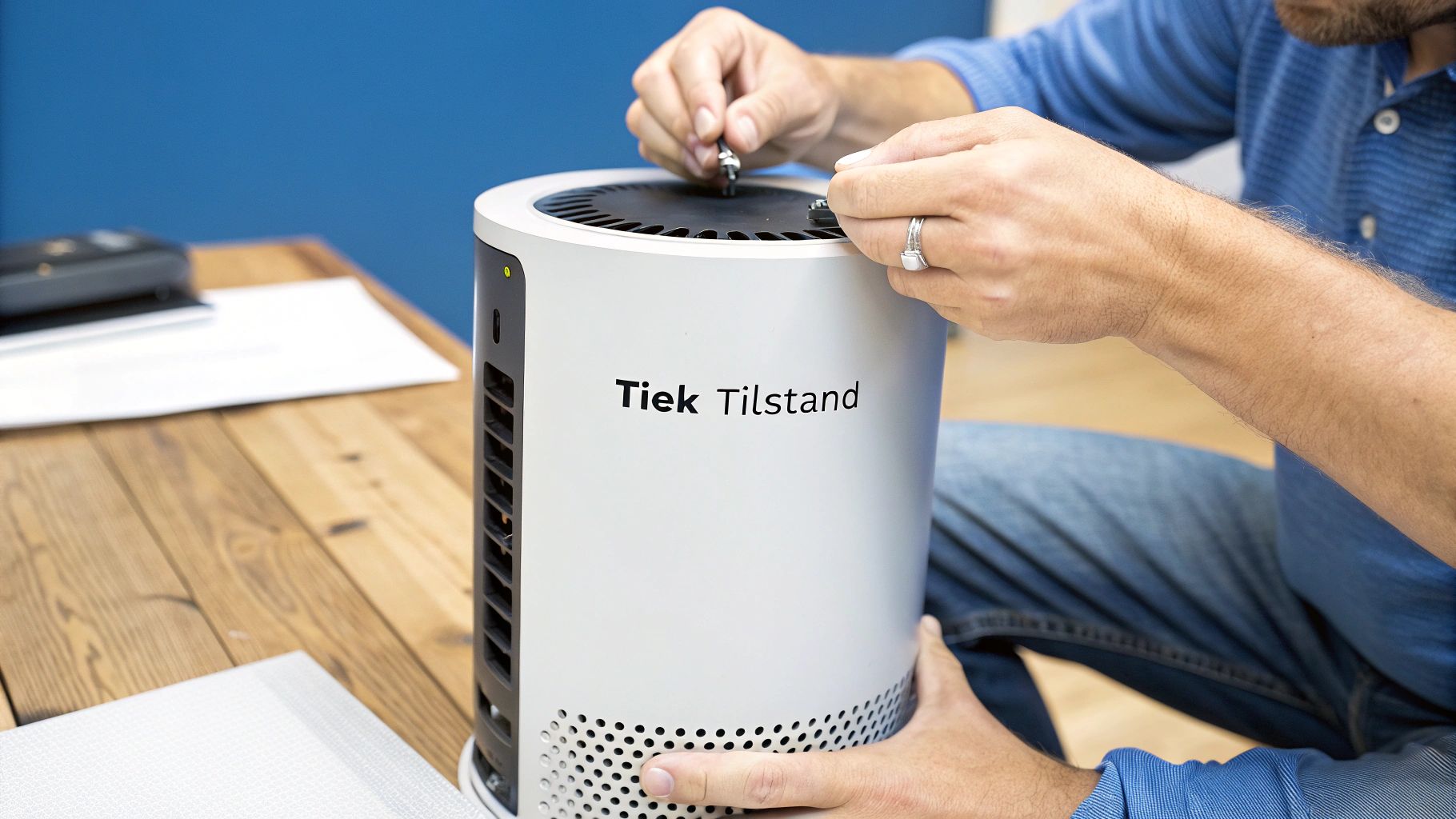 En person inspicerer omhyggeligt en brugt Mac Pro på et skrivebord