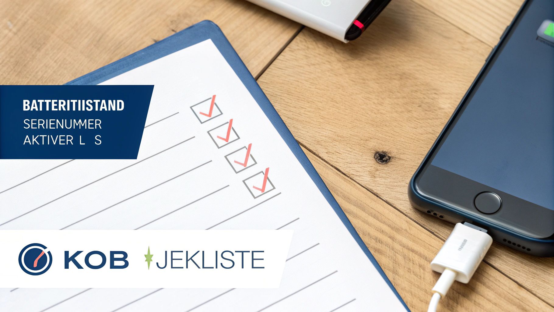 En person inspicerer en brugt iPhone for skrammer og skader ved et bord.