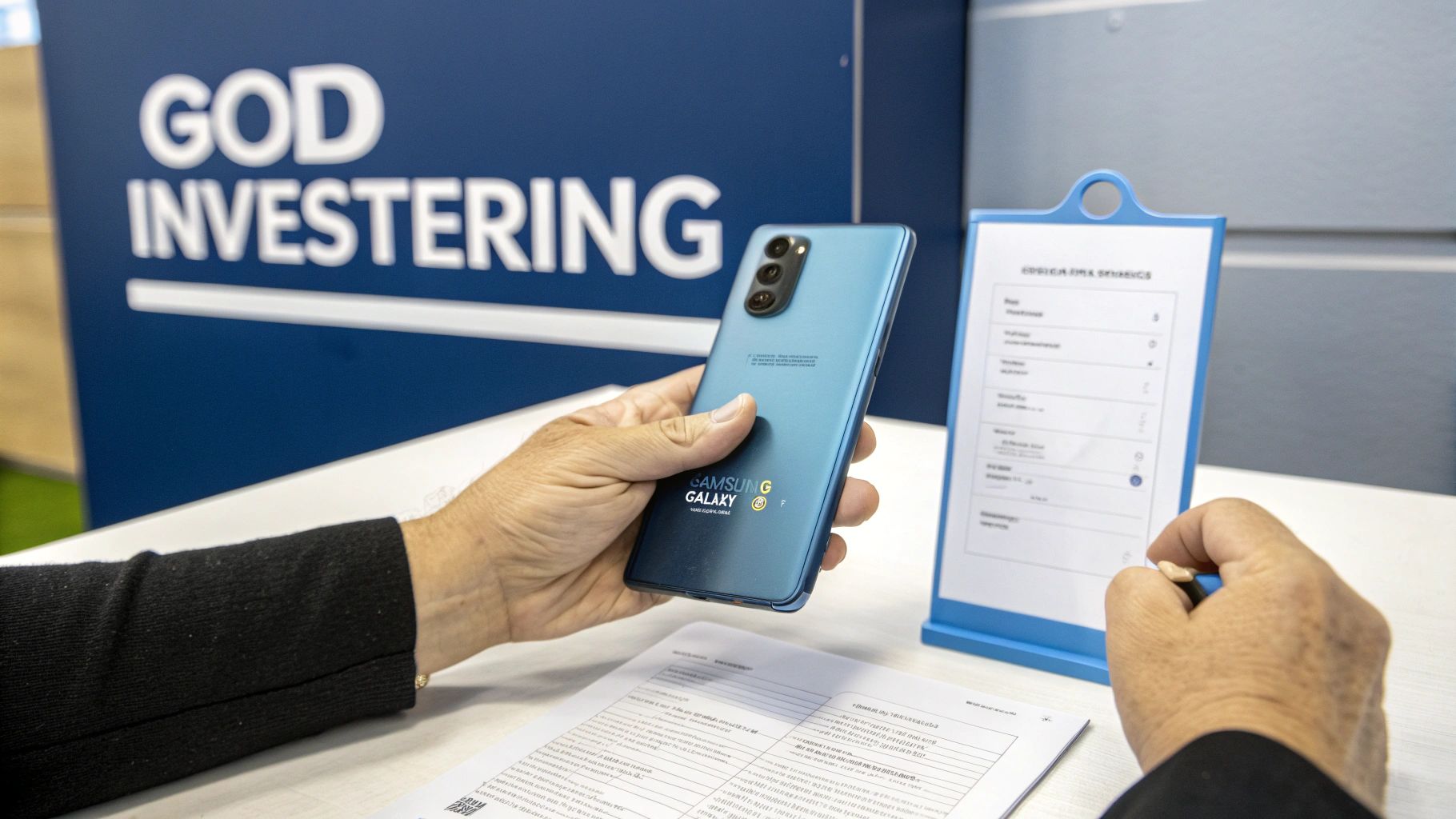 En Samsung Galaxy S20 FE smartphone holdes op foran en bærbar computer, der viser en salgsside, hvilket illustrerer køb af en brugt telefon online.