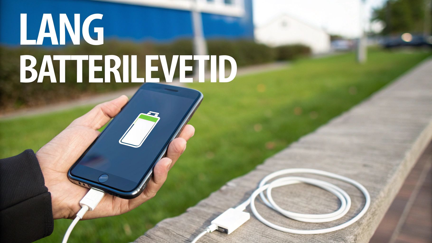 Et billede af et smartphone-batteri-ikon, der oplades hurtigt med lyn-symboler omkring det.