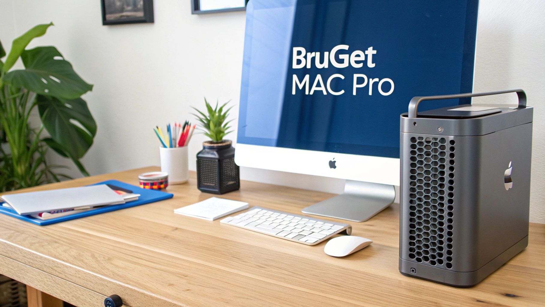 En sort Mac Pro står på et skrivebord i et kreativt studie