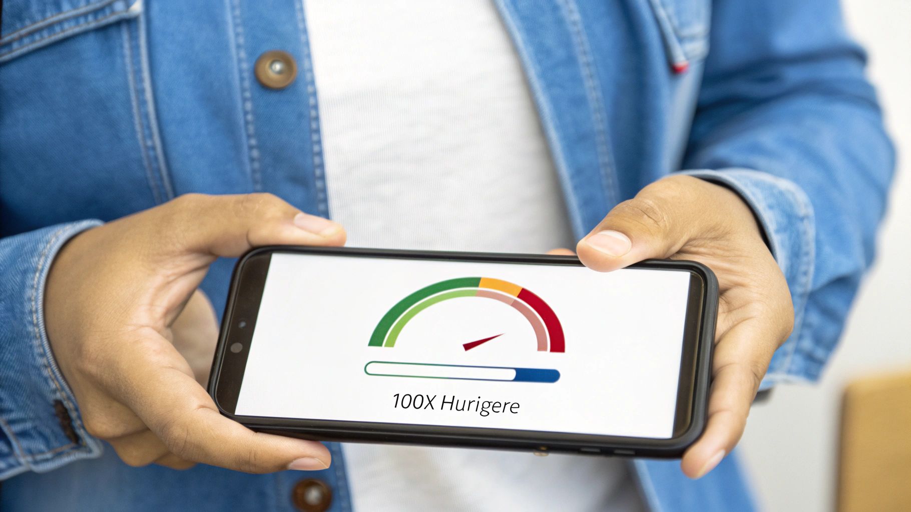 En person holder en smartphone, der viser en hastighedstest med imponerende 5G-resultater