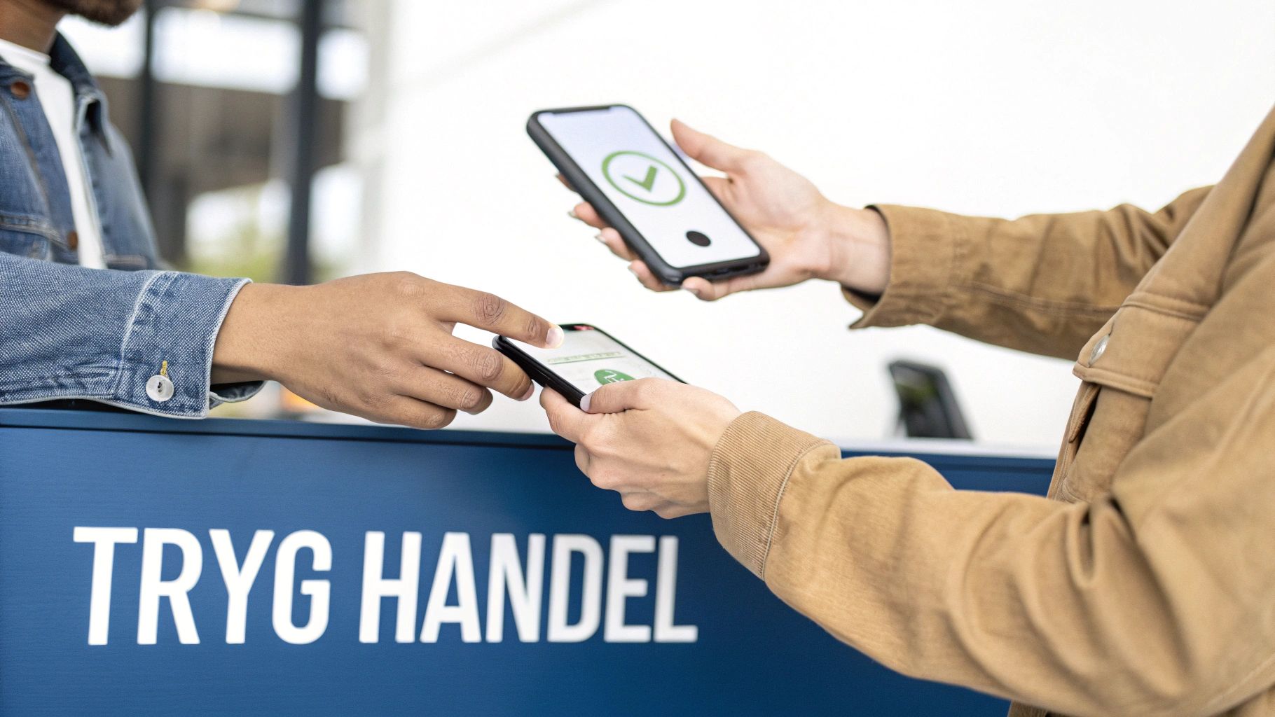 En person der giver en brugt telefon til en anden over et bord