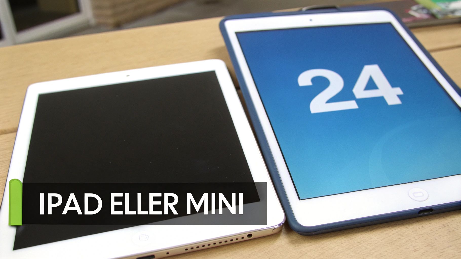 To iPads, en standard og en mini, ligger side om side for at vise størrelsesforskellen