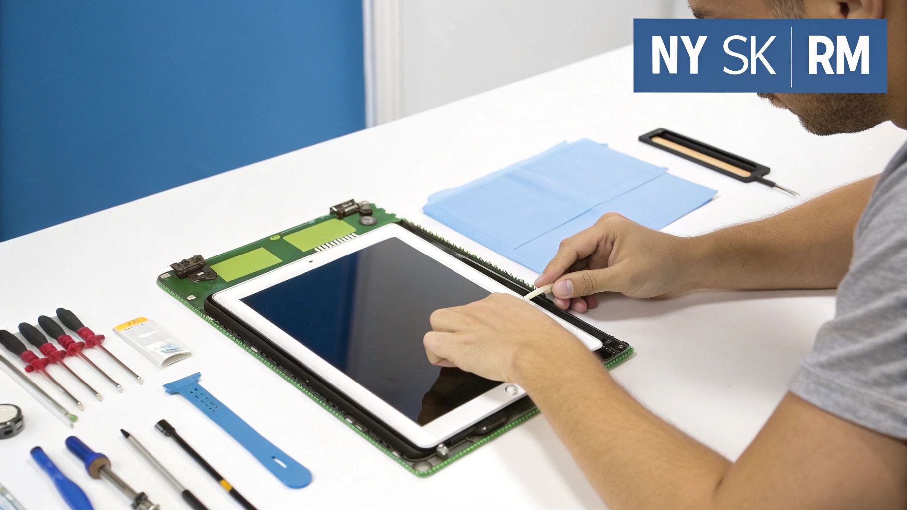 En ny iPad-skærm, der forsigtigt bliver placeret på en iPad-ramme under en reparation.