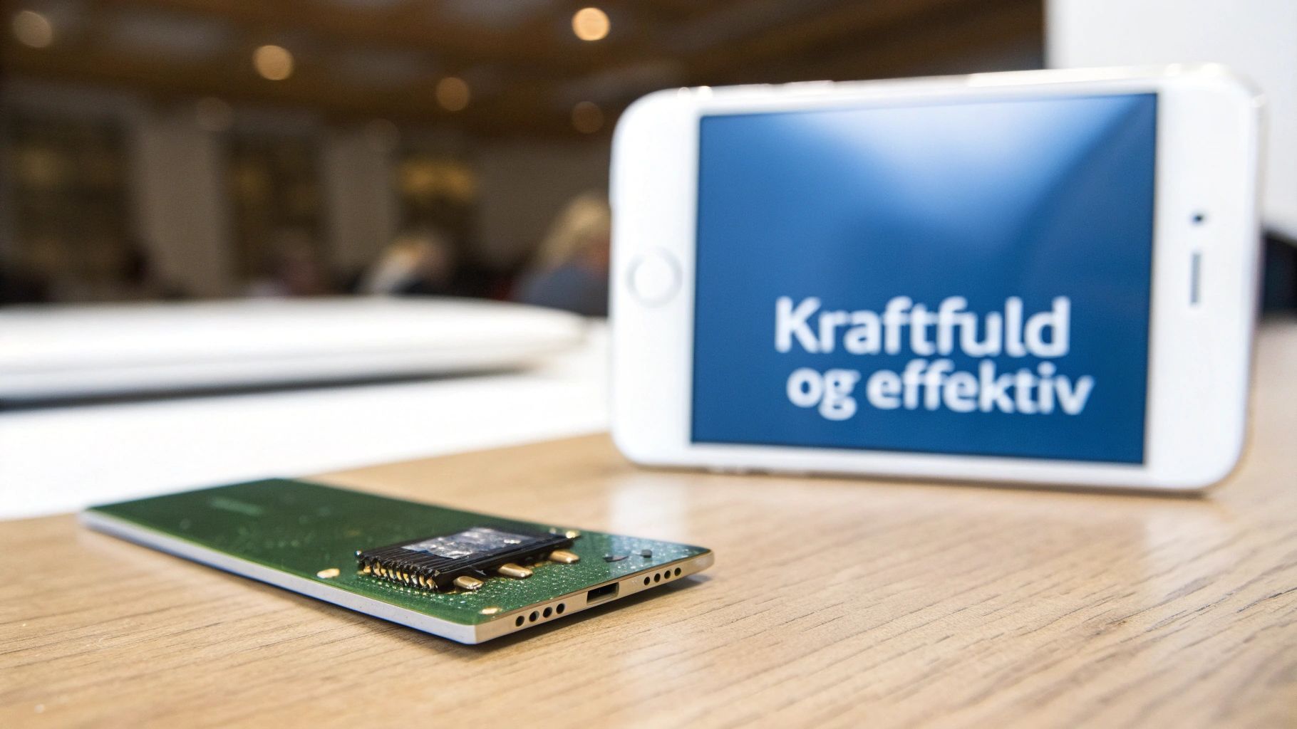En illustration af en smartphone med en kraftfuld processorchip, der lyser op indeni